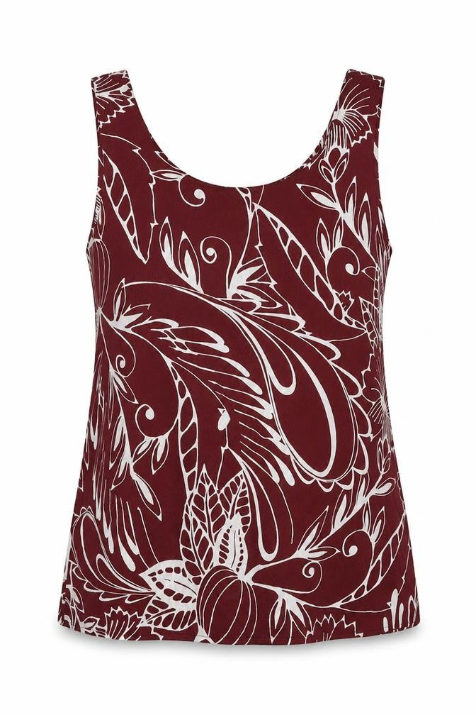 Front view of Marks & Spencer women’s red geometric polyester basic tank, size UK 12, scoop neck