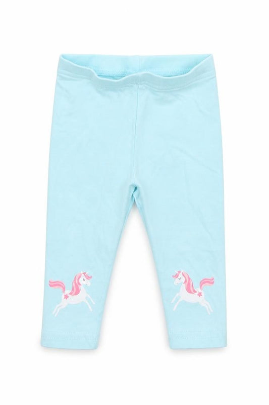 Front view of Matalan girls’ blue geometric cotton jogger trousers, size 3-6, months pullover - unicorn