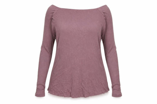 Front view of ASOS women’s purple viscose basic t-shirt, size UK 10, off the shoulder