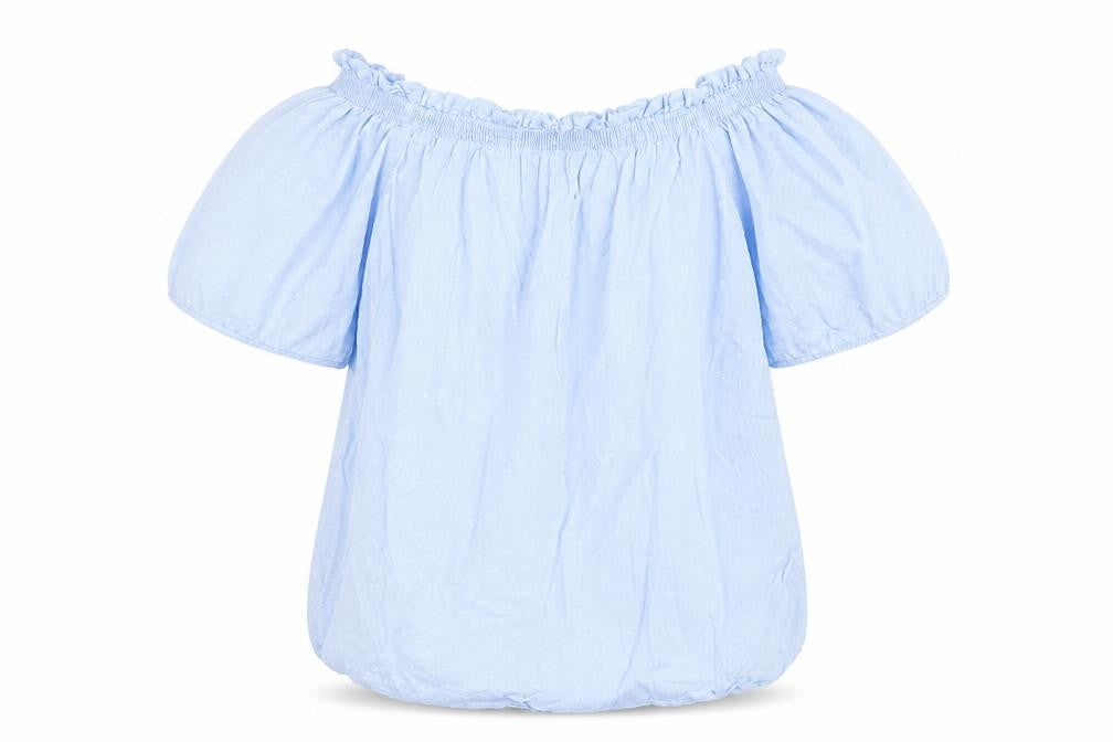 Front view of H&M women’s blue cotton basic blouse, size UK 8, off the shoulder