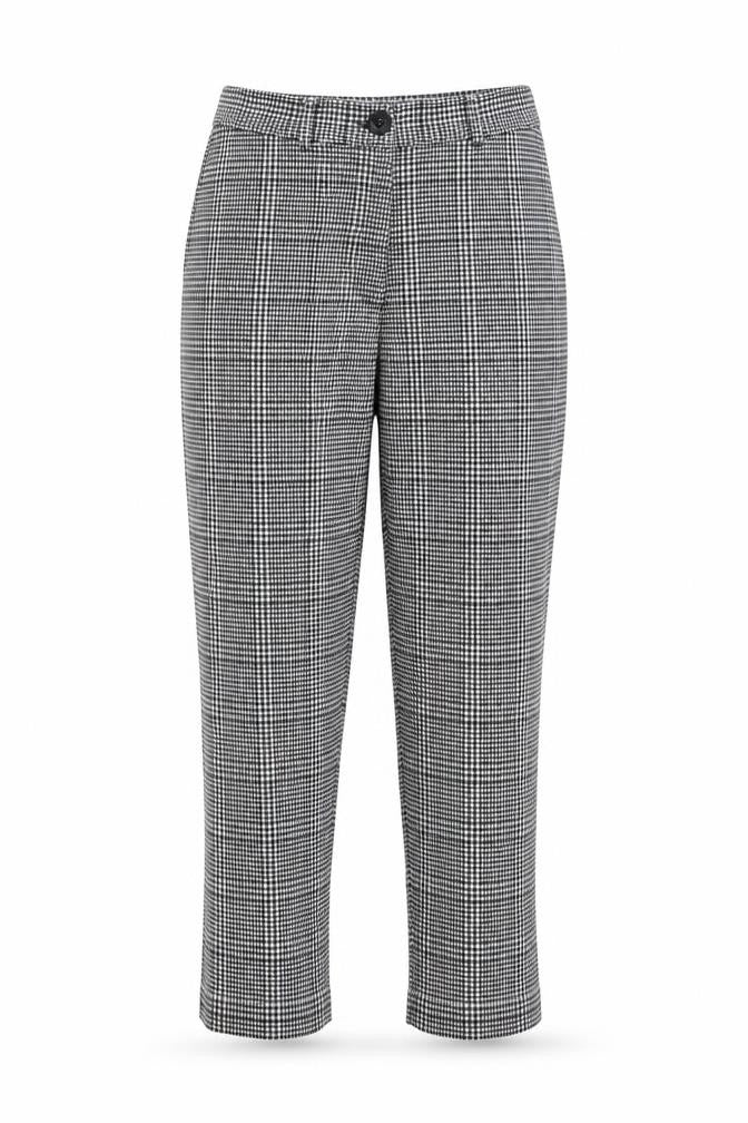 Front view of Boohoo women’s black houndstooth polyester trousers, size UK 8, 24-inch leg regular zip