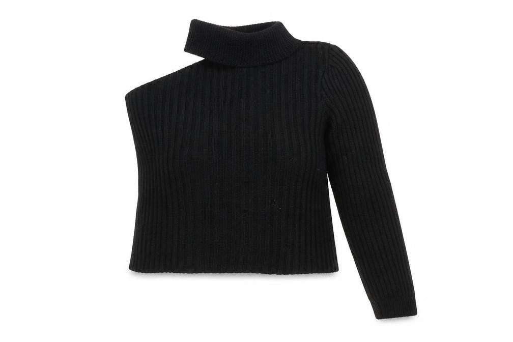 Front view of Boohoo women’s black round neck acrylic jumper, size S