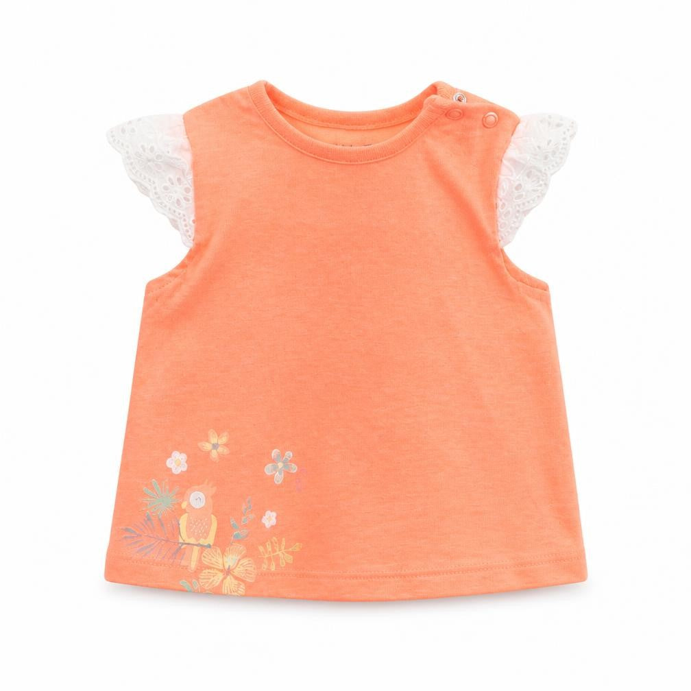 Front view of Nutmeg girls’ orange cotton basic t-shirt, size 3-6, months round neck pullover - parrot