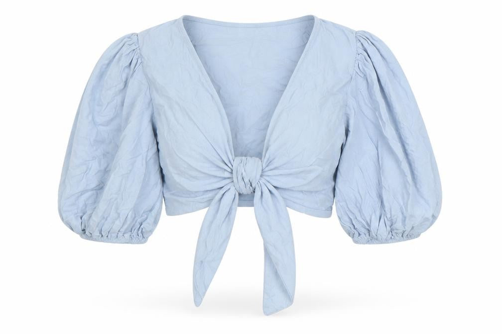 Front view of Nasty Gal women’s blue cotton basic blouse, size UK 4, v-neck