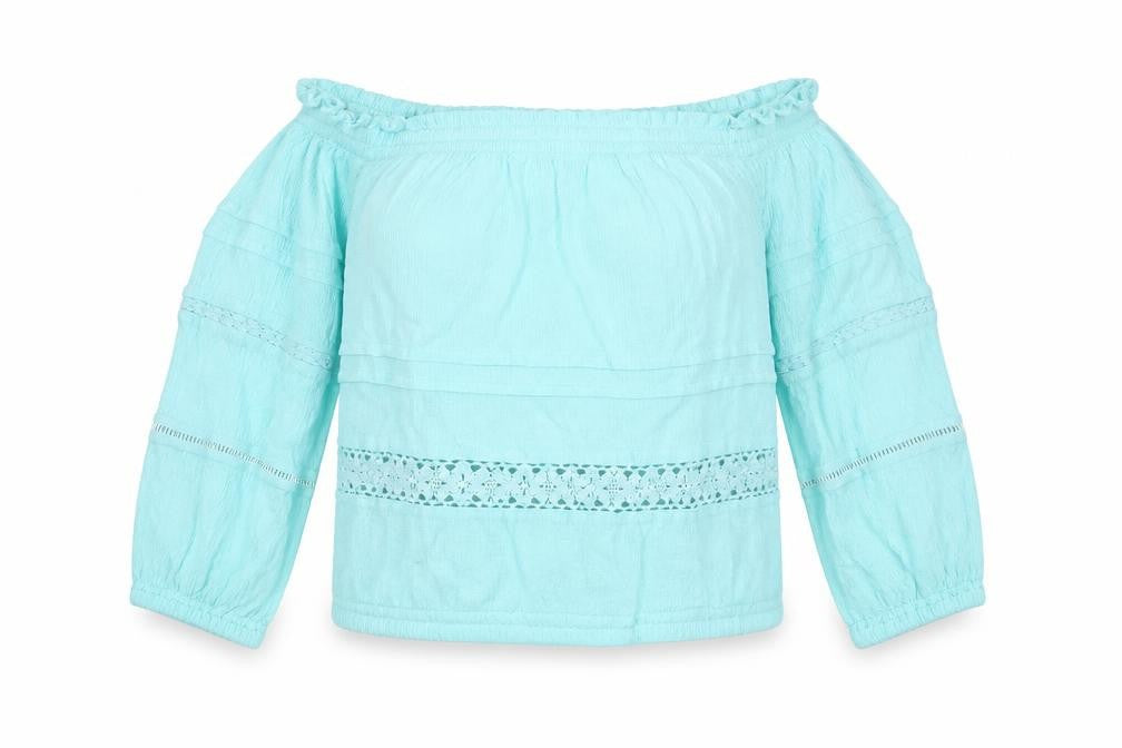 Front view of aeropostale women’s blue viscose basic blouse, size XS, off the shoulder
