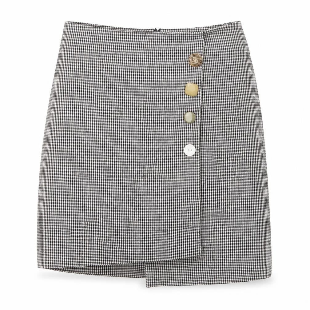 Preworn Womens Black Check Polyester A-Line Skirt Size 28 in   Zip