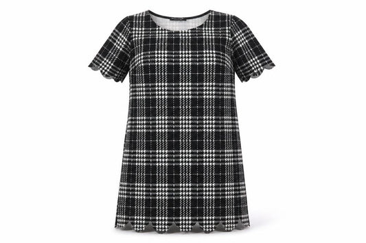 Front view of Select women’s black check polyester shift, size UK 12, crew neck