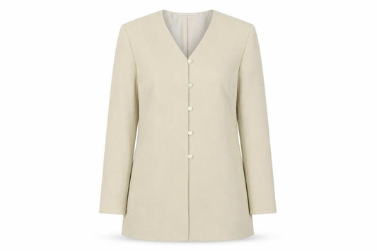 Front view of Marks & Spencer women’s beige jacket blazer, size UK 12, button
