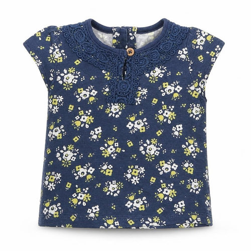 TU Girls Blue Floral Cotton Basic T-Shirt Size 0-3 Months Round Neck Button