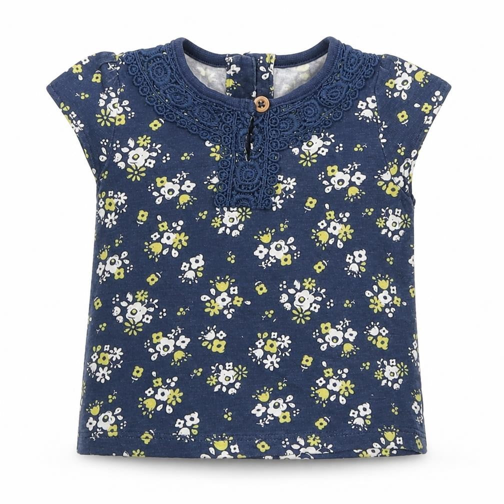 TU Girls Blue Floral Cotton Basic T-Shirt Size 0-3 Months Round Neck Button