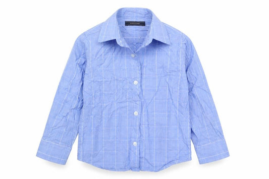 Front view of Next boys’ blue check cotton basic button-up, size 3, years collared button