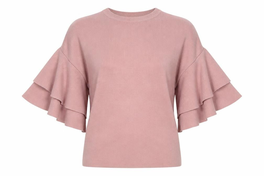 Front view of New Look women’s pink round neck viscose jumper, size UK 6
