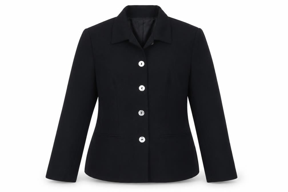 Front view of Bay Company women’s black polyester jacket blazer, size UK 12