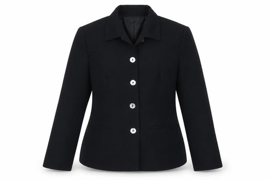 Front view of Bay Company women’s black polyester jacket blazer, size UK 12