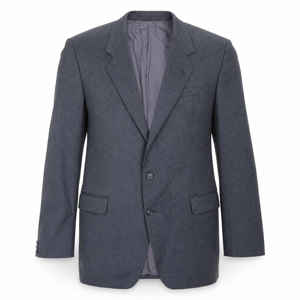 Front view of Burton men’s grey striped wool jacket blazer, size 40
