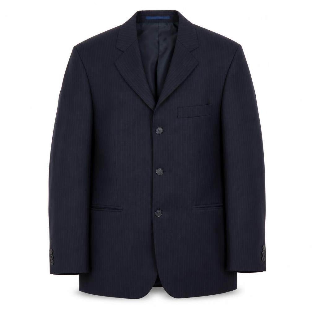 Front view of Pinstripe men’s blue striped polyester jacket blazer, size 38