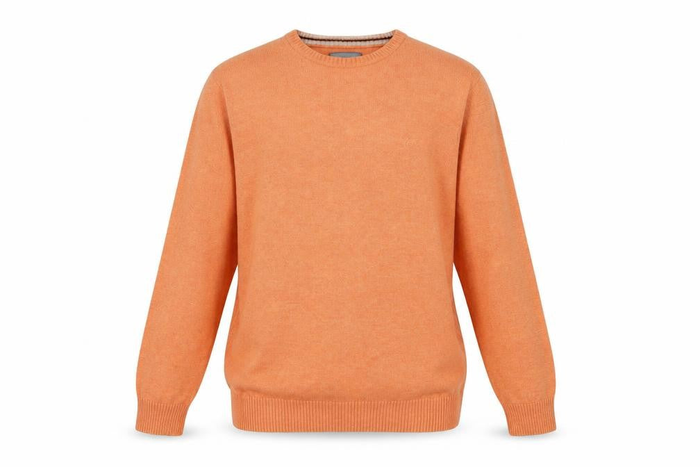 Front view of Morley men’s orange crew neck cotton jumper, size S