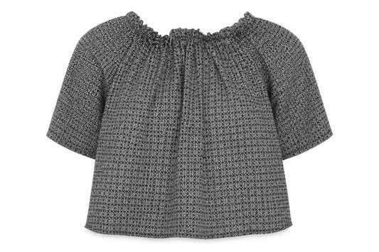 Front view of Primark women’s black geometric polyester basic blouse, size UK 8, off the shoulder