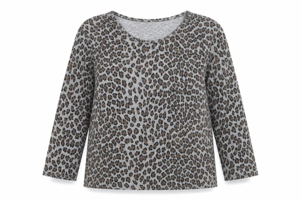 Front view of Autonomy women’s grey round neck animal print polyester jumper, size S