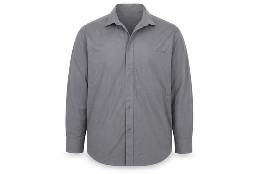 Front view of Taylor & Wright men’s grey cotton button-up, size 17, collared