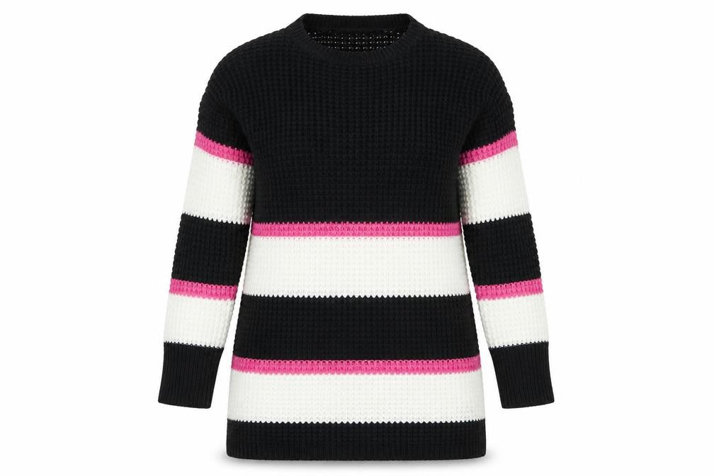 Front view of Pep&Co women’s black round neck acrylic jumper, size UK 8