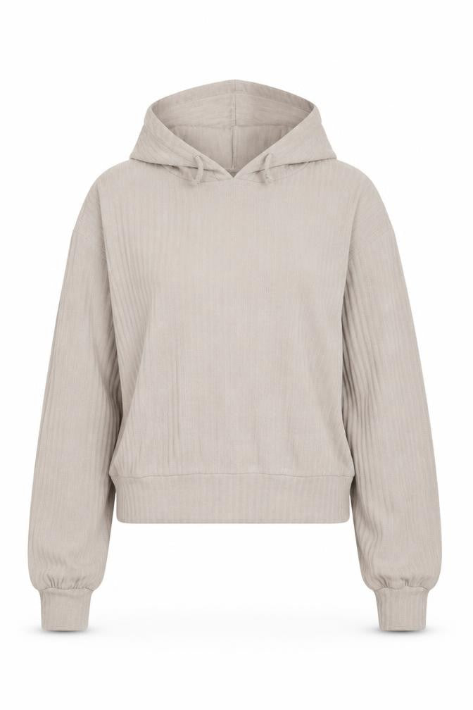 Front view of New Look women’s beige polyester pullover hoodie, size S, - cropped