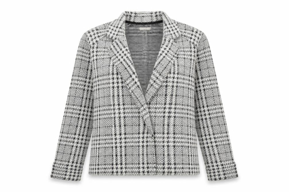 Front view of Next women’s grey check acrylic jacket blazer, size UK 12