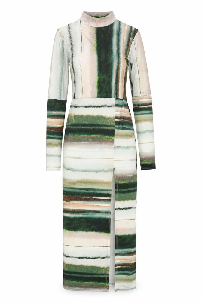 Front view of PRETTYLITTLETHING women’s multicoloured striped polyester pencil dress, size UK 8, mock neck