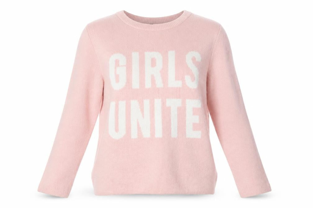Front view of H&M women’s pink crew neck acrylic jumper, size M