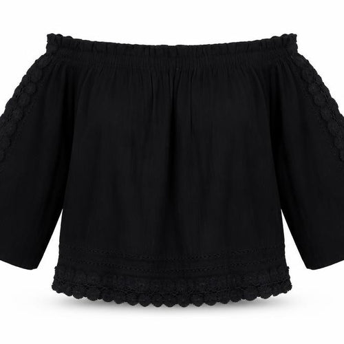 Topshop Womens Black  Cotton Basic Blouse Size 8 Off the Shoulder - Crochet detail