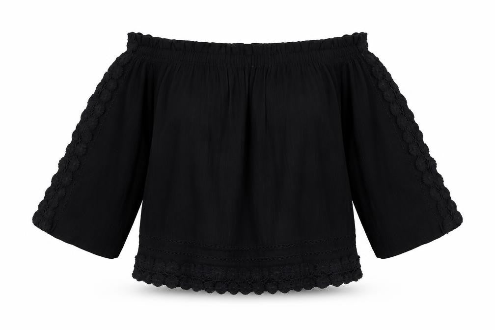 Topshop Womens Black  Cotton Basic Blouse Size 8 Off the Shoulder - Crochet detail