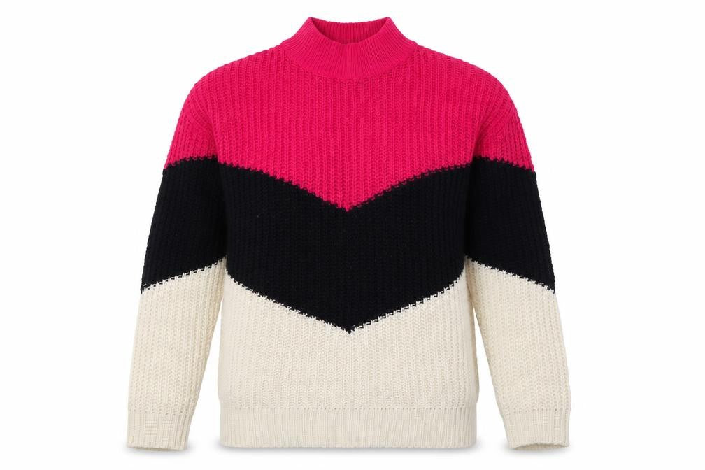 Front view of Amara Reya women’s multicoloured high neck striped acrylic jumper, size M