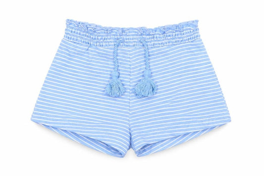 Front view of River Island boys’ blue striped cotton cropped trousers, size 3-6, months drawstring