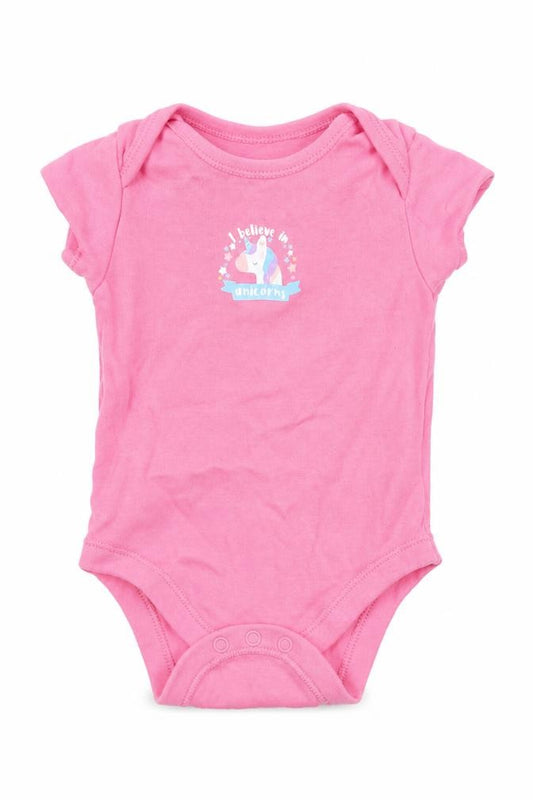 Front view of Primark girls’ pink cotton babygrow one-piece, size 3-6, months snap - unicorn