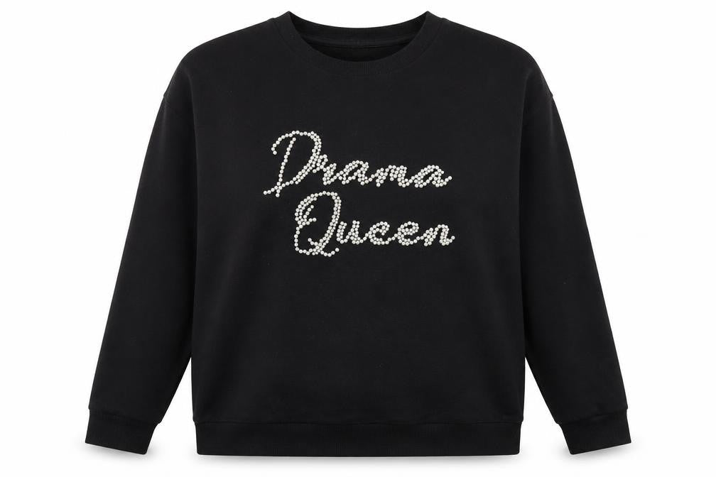 Front view of Lipsy women’s black polyester pullover sweatshirt, size M, pullover - drama queen