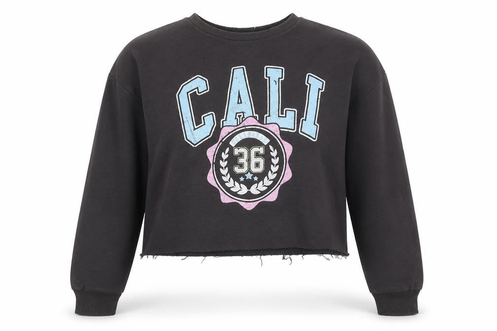 Front view of Primark women’s grey cotton pullover sweatshirt, size UK 6, pullover - cali distressed