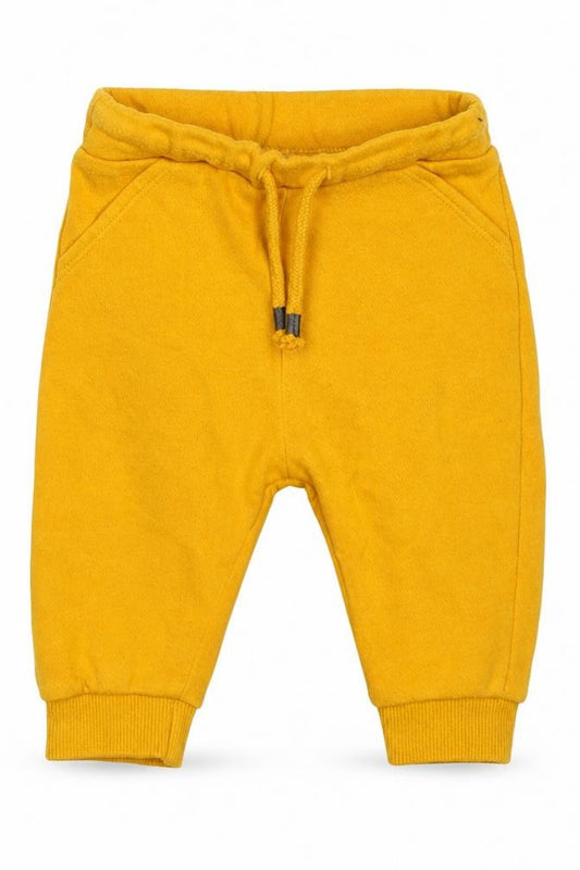 Front view of F&F boys’ yellow cotton sweatpants, size 3-6, months drawstring