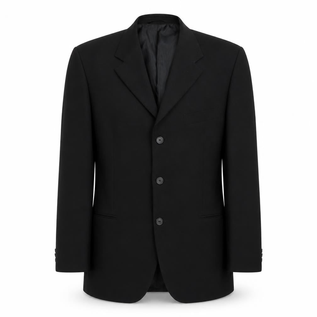 Front view of Savatini men’s black polyester jacket blazer, size 38