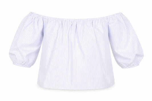 Front view of Quiz women’s white striped polyester basic blouse, size UK 10, off the shoulder