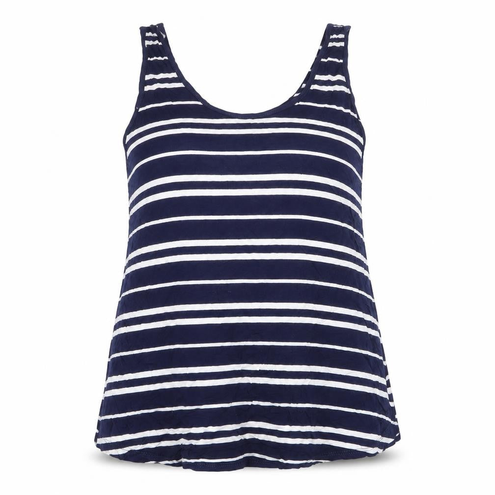 Front view of Warehouse women’s blue striped viscose basic tank, size UK 12, round neck