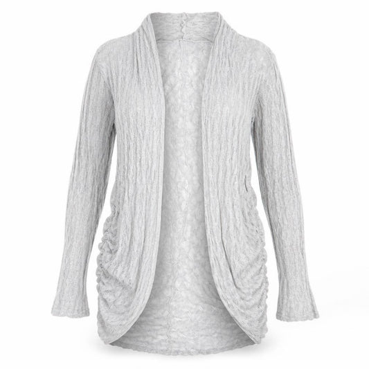Front view of Graffic women’s grey round neck polyester cardigan jumper, size M
