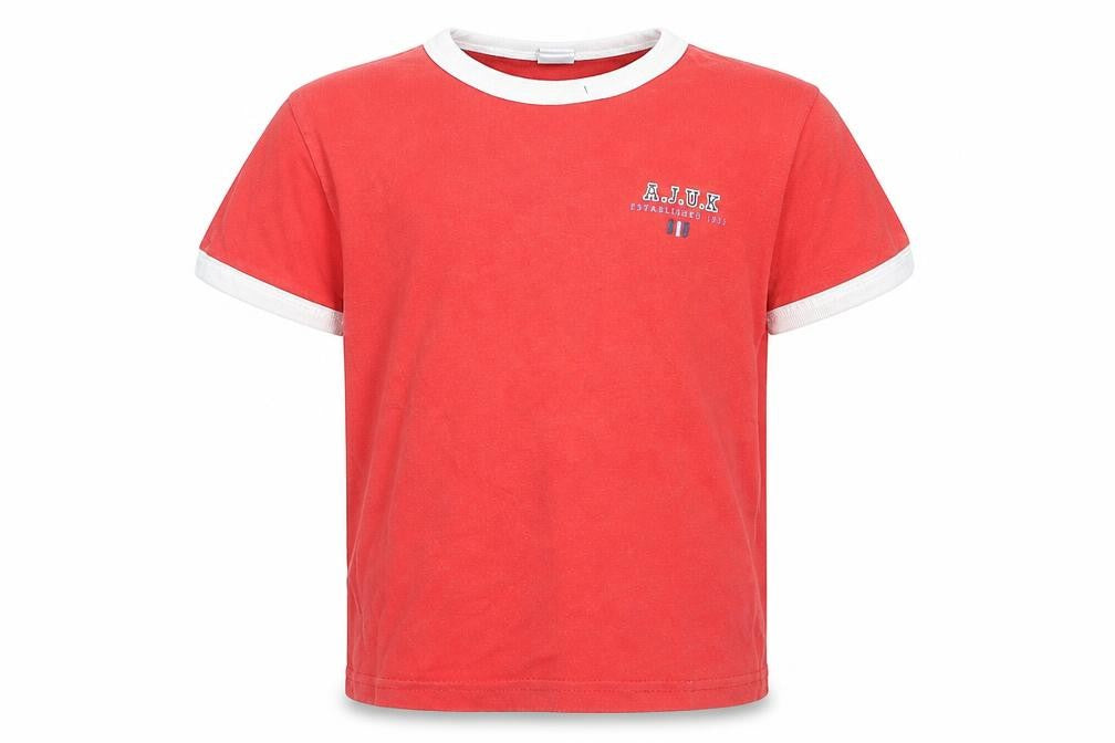 Front view of Adams boys’ red cotton basic t-shirt, size 4, years round neck