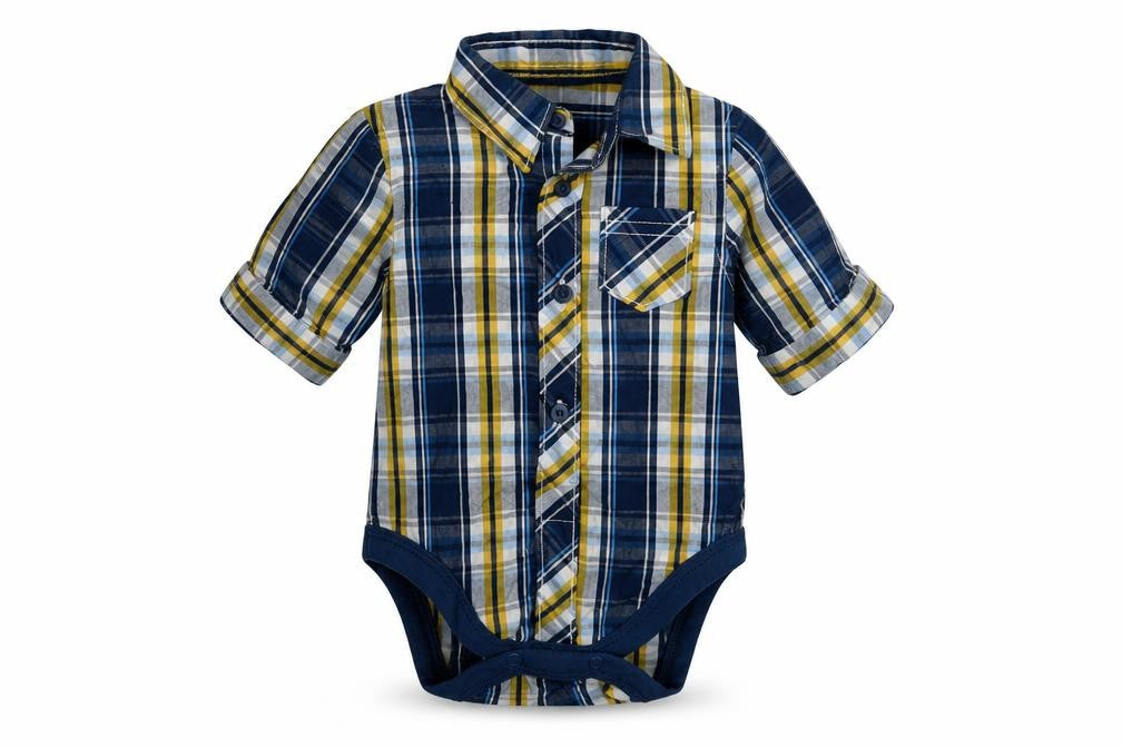 Front view of Mothercare boys’ black check cotton basic polo, size 0-3, months collared button