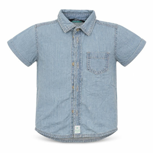 Front view of George boys’ blue cotton basic button-up, size 12-18, months collared button