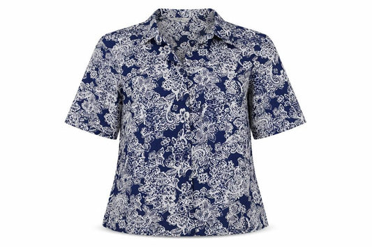 Front view of EWM women’s blue geometric polyester basic button-up, size UK 12, collared