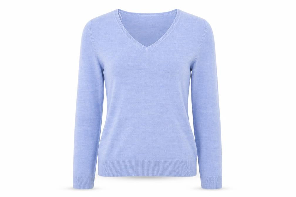 Front view of BHS women’s blue v-neck acrylic jumper, size UK 10