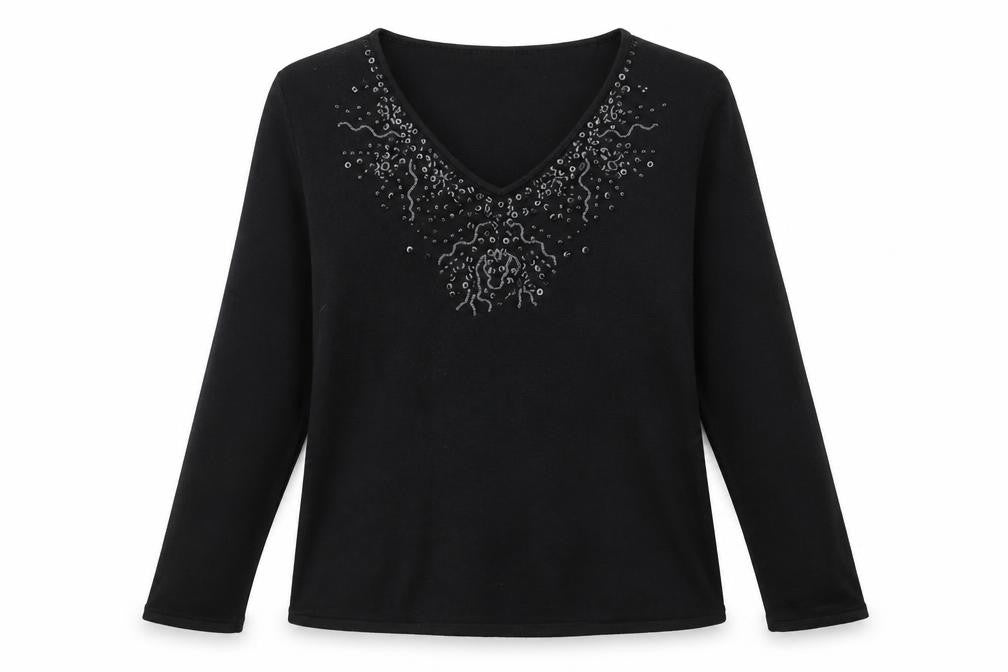 Front view of Bonmarché women’s black v-neck acrylic jumper, size L