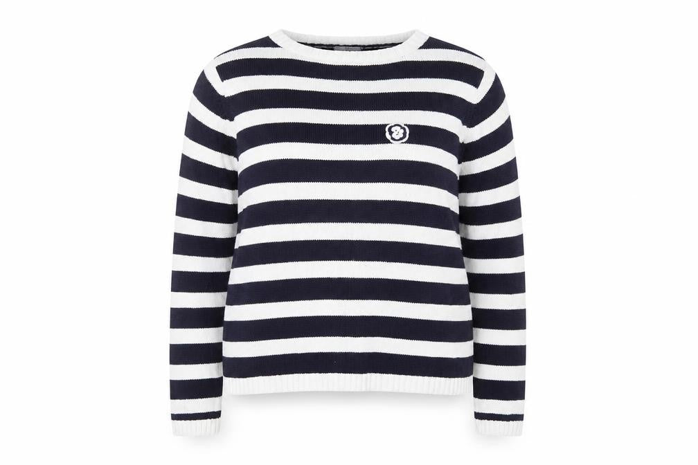 Front view of Essentials women’s blue crew neck striped cotton jumper, size UK 18