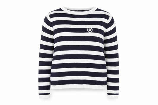 Front view of Essentials women’s blue crew neck striped cotton jumper, size UK 18