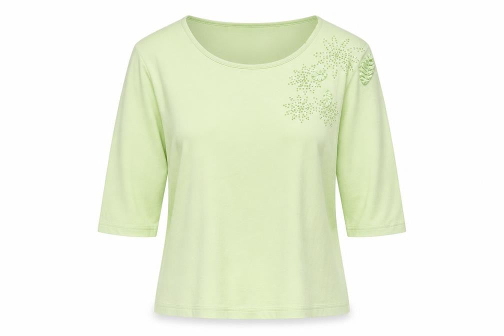 Quacker Factory Womens Green  Cotton Basic Blouse Size M Crew Neck